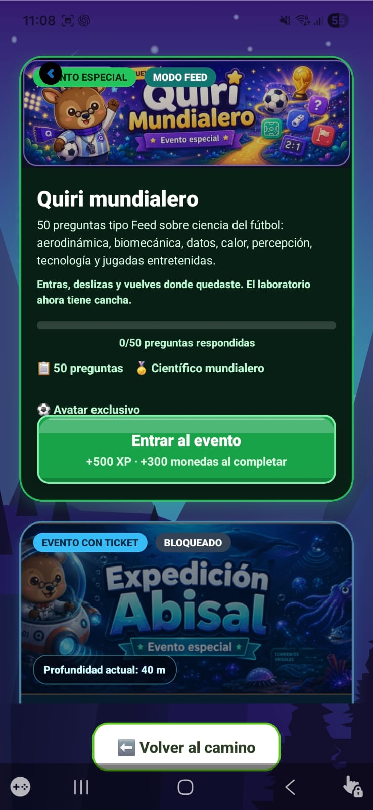 Pantalla del evento especial Quiri Mundialero con preguntas sobre ciencia del fútbol